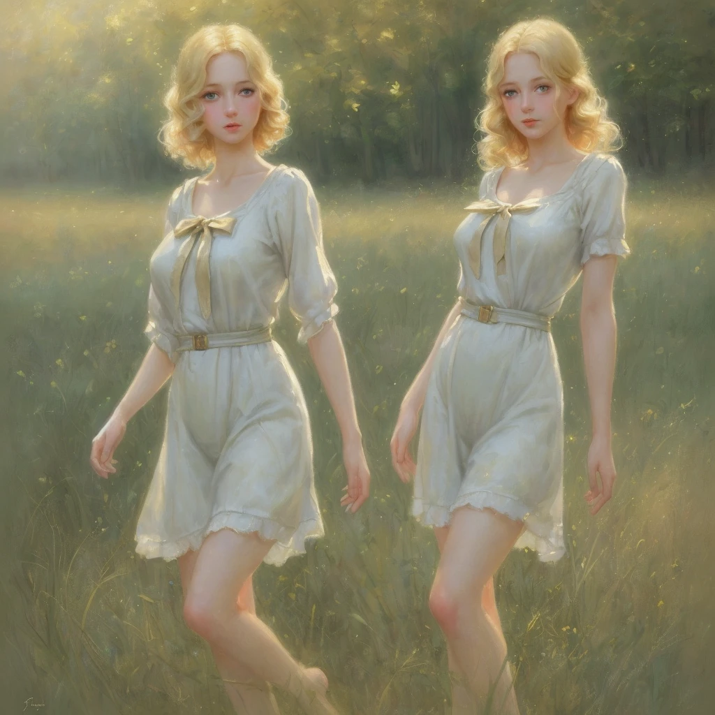 girl, 3個girl, blond, Green eyes, 1930s European style, high quality, full-body shot, 17 years old, Big breasts, Long legs and height 170 , Sailor Suit, Standing on the grassland with waist exposed, blue sky , delicate eyes, Delicate lips, Extremely detailed face, long eyelashes, Elegant, beautiful, beauty, charming, Exquisite, oil painting, Digital painting, Realism, 8k, best quality, masterpiece, HDR, bright colors, movie lighting, Soft Focus, warm colors, dream, romantic, femininity 