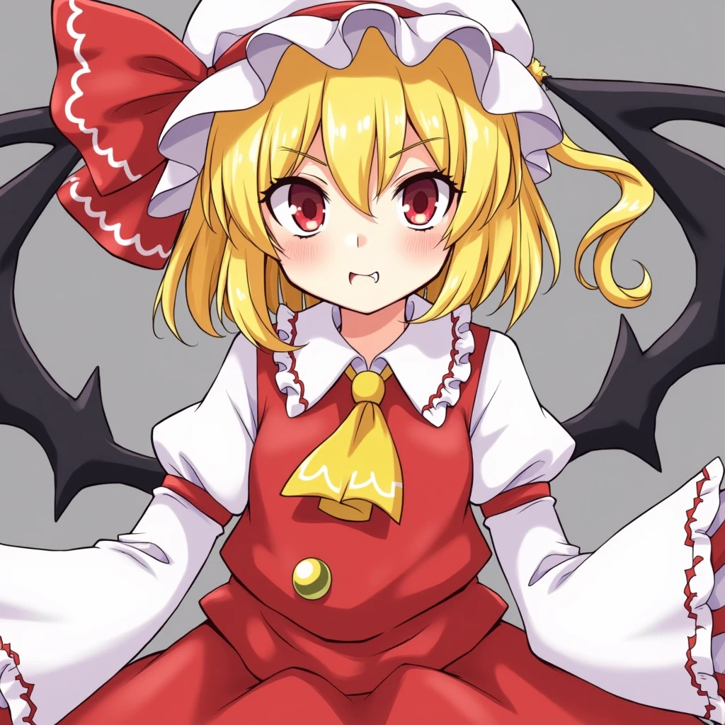 1girl, flandre scarlet (touhou), red eyes, short hair, medium hair, blonde hair, one side up, red eyes, slit pupils, fang, wings, crystal, white headwear, mob cap, red vest, white shirt, collared shirt, frilled shirt collar, yellow ascot, puffy short sleeves, frilled sleeves, wrist cuffs, red skirt, skirt set, frilled skirt, red ribbon, hat ribbon, back bow, white bow, (white socks:1.5)