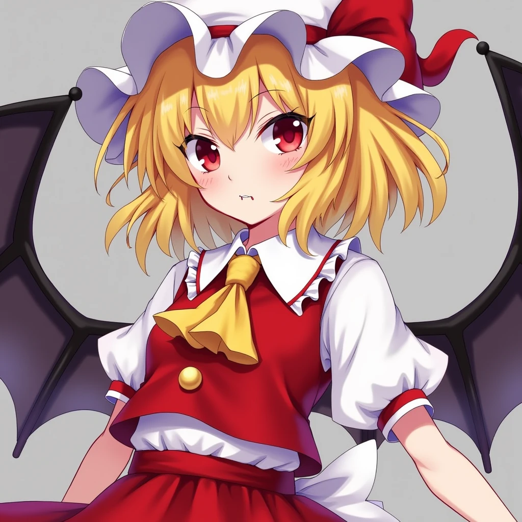 1girl, flandre scarlet (touhou), red eyes, short hair, medium hair, blonde hair, one side up, red eyes, slit pupils, fang, wings, crystal, white headwear, mob cap, red vest, white shirt, collared shirt, frilled shirt collar, yellow ascot, puffy short sleeves, frilled sleeves, wrist cuffs, red skirt, skirt set, frilled skirt, red ribbon, hat ribbon, back bow, white bow, (white socks:1.5)