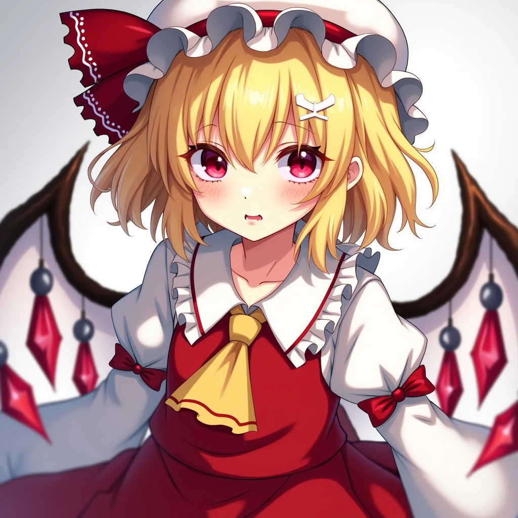 1girl, flandre scarlet (touhou), red eyes, short hair, medium hair, blonde hair, one side up, red eyes, slit pupils, fang, wings, crystal, white headwear, mob cap, red vest, white shirt, collared shirt, frilled shirt collar, yellow ascot, puffy short sleeves, frilled sleeves, wrist cuffs, red skirt, skirt set, frilled skirt, red ribbon, hat ribbon, back bow, white bow, (white socks:1.5)