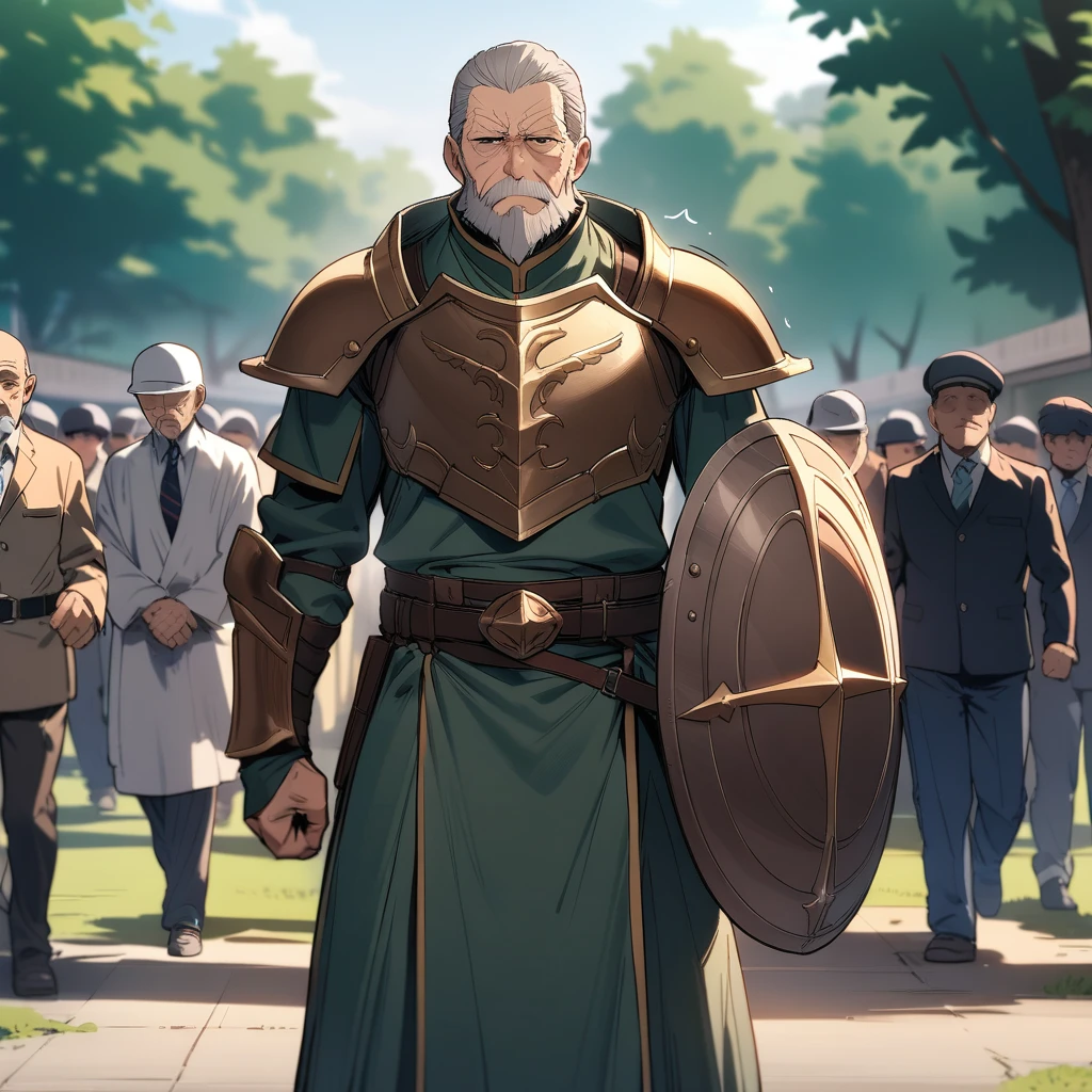 (masterpiece),(best quality),very aesthetic,solo,1 old man,Gray-haired, bearded old man,Sober face in the style of mob characters,(expressionless),trembling,Armor of the Legendary Heroes,sword of the Legendary Heroes,shield of the Legendary Heroes,helmet,school ground,high school,standing,outdoors,mob students walking background