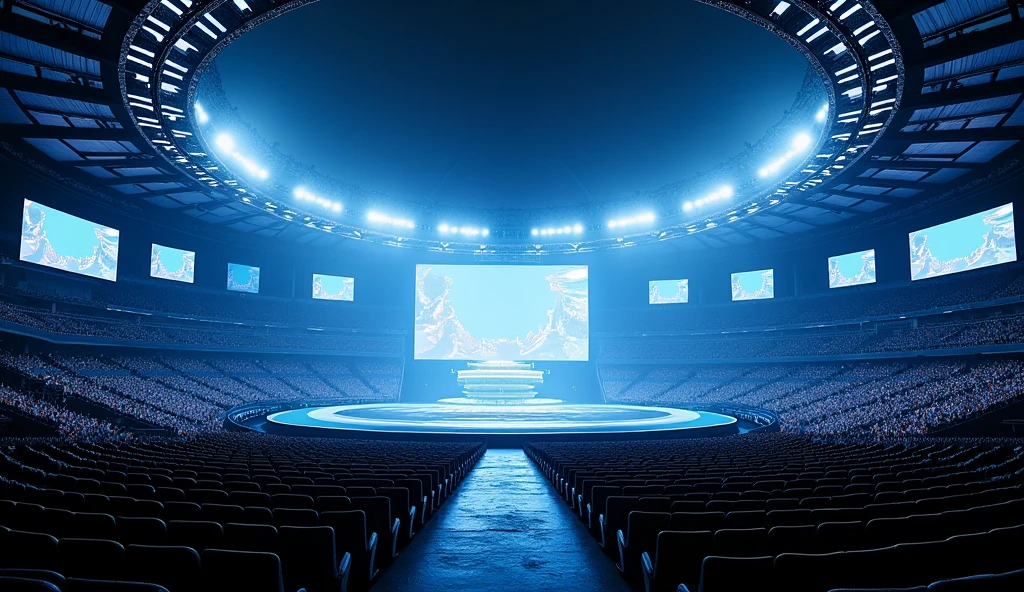 Make me an image of a modern stage without a catwalk with several screens for my tour that is giant with curved screens and that is in the Maracanã stadium 、No people、Distant stage、