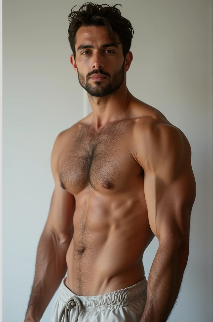 The most handsome man in the world standing with his clothes off and his belly hair on.