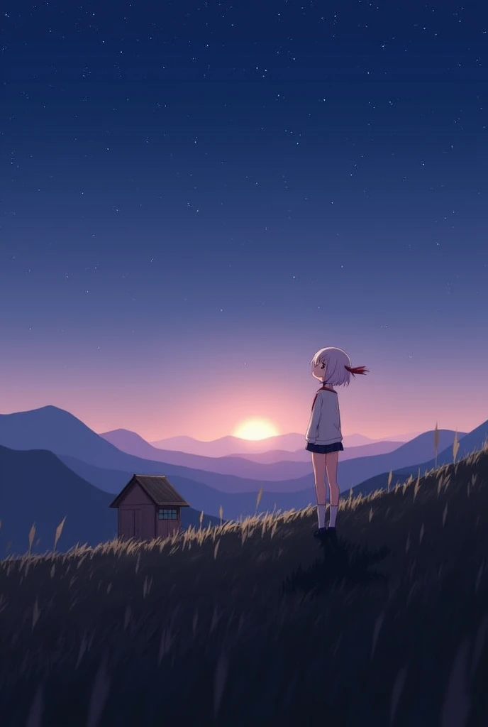 An afternoon sky full of stars with the sun almost setting below in the field halfway up the mountain with a little wooden house on the side and an adult zero two without horns looking up near the little wooden house.
