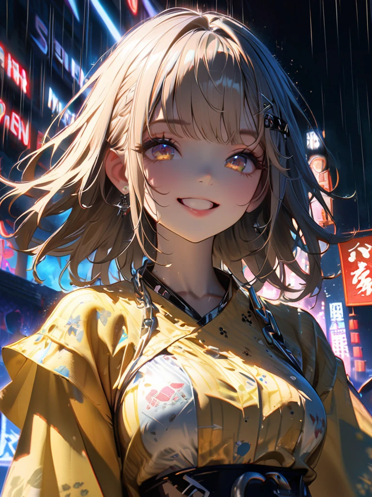 1 girl, chromatic aberration, Written boundary depth, Soft Light, masterpiece, Highest quality, complicated, Tone Mapping, A place where fireworks are set off at festivals. Concept Art, Smooth, Clear focus, Dramatic lighting, Very cinematic, super practical painting, アートステーション's trending, 8k, Incredible Shadows, practical, whole body, View, Viewers, Portrait of a Girl 1, standing on street corner, Heavy rain and lightning、Dark Sky, neon and cyber punk background, she is dressed in punk clothing with silver chains and silver spikes, Her hair was dyed light brown...........Ominous aura of light, smile, punk, ciber punk, Backlight.Fashionable clothes、Friendly dress code: Yellow yukata.My breasts are a little big