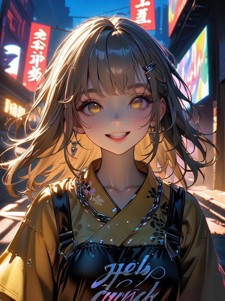 1 girl, chromatic aberration, Written boundary depth, Soft Light, masterpiece, Highest quality, complicated, Tone Mapping, A place where fireworks are set off at festivals. Concept Art, Smooth, Clear focus, Dramatic lighting, Very cinematic, super practical painting, アートステーション's trending, 8k, Incredible Shadows, practical, whole body, View, Viewers, Portrait of a Girl 1, standing on street corner, Heavy rain and lightning、Dark Sky, neon and cyber punk background, she is dressed in punk clothing with silver chains and silver spikes, Her hair was dyed light brown...........Ominous aura of light, smile, punk, ciber punk, Backlight.Fashionable clothes、Friendly dress code: Yellow yukata.My breasts are a little big