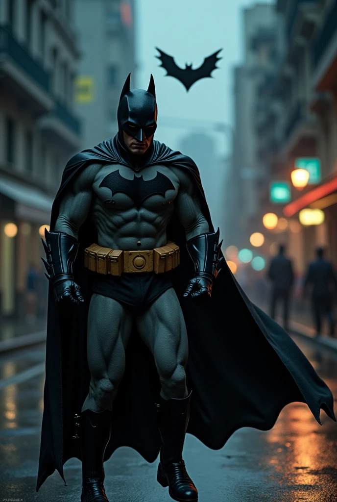 A Batman inspired by Michael Keaton, throwing a batrang and taking down a gangster. hyper realist. a dark and nocturnal atmosphere on the streets of Gotham City. Dramatic. Rio de Janeiro in the background.