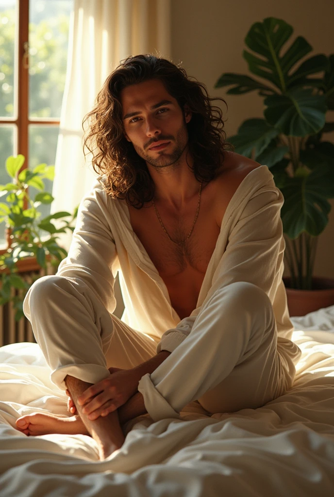 (photorealism:1.2), beautiful man sitting on bed, wearing loose off-shoulder top, pajama pants, long curly hair, indoors, soft lighting, plants in background, window with sunlight, cozy room, relaxed pose, realistic, intricate details, warm colors, by Greg Rutkowski, by Alphonse Mucha