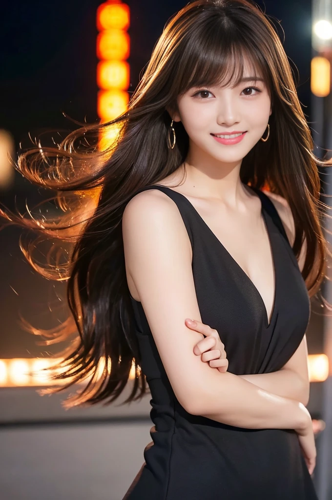 masterpiece、1 beautiful girl、Detailed eyes、Puffy eyes、Highest quality, 超High resolution, (reality: 1.4), Cinema Lighting、Japanese、Asian Beauty、so beautiful、Beautiful Skin、thin、Body facing forward、(超reality的な)、(High resolution)、(8k)、(Very detailed)、(beautiful Detailed eyess)、(Very detailedな)、 (wall-)、Detailed face、Bright lighting、Professional Lighting、Looking at the audience、Look straight ahead、Black sleeveless dress、Long Hair,  Asymmetrical bangs, 、Night view、Brown Hair、Japanese Idols、Korean Idol、Fiery idol pose、、23 years old、expensive, smile, congestion、running and jumping so high