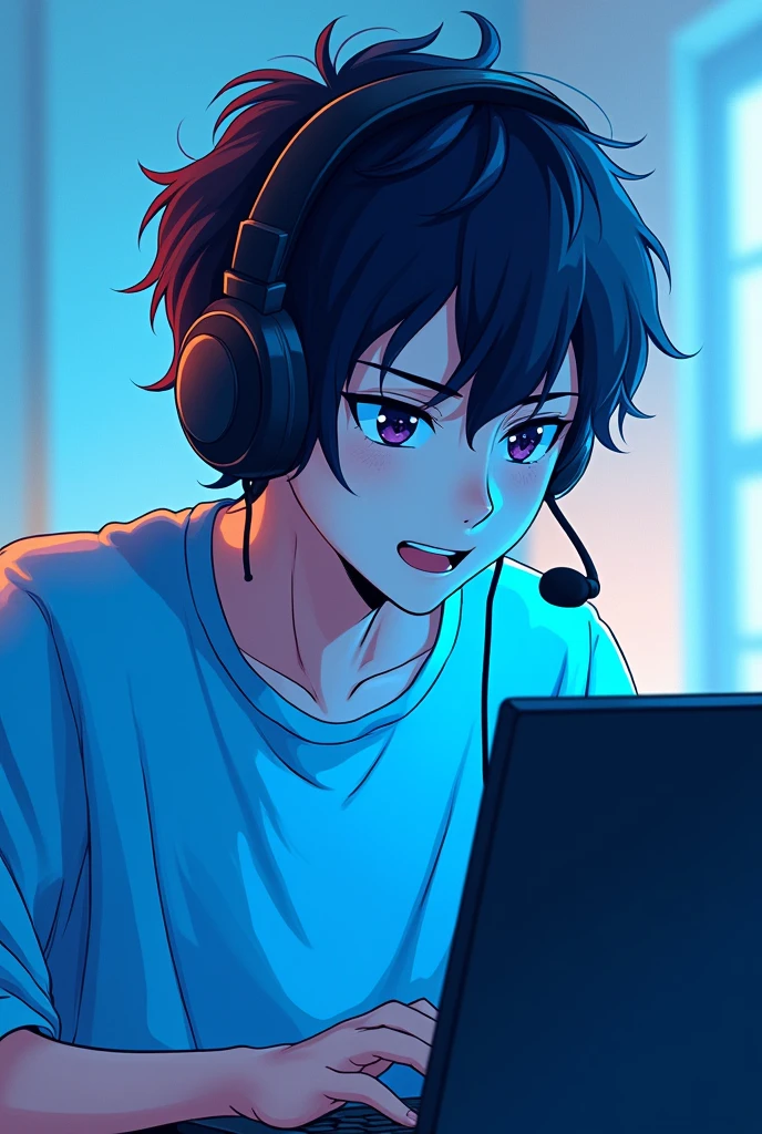 A young man with headphones that has an anime microphone, color blue, talking, looking at a laptop, no estilo de quarto player, animated color photos, Masami Teraoka, player, Paulo Gauguin, Embry Style, honest portrait,