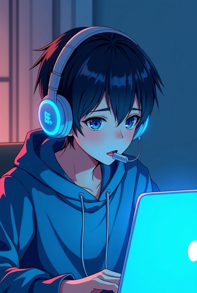 A young man with headphones that has an anime microphone, color blue,  talking, looking at a laptop, no estilo de quarto player, animated color photos, Masami Teraoka, player, Paulo Gauguin, Embry Style, honest portrait,