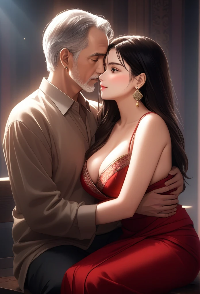 a ung woman in a beautiful red saree sitting on the lap of an 1 old man, her breasts exposed, wearing large jhumka earrings, intimate embrace, photorealistic, 8k, highly detailed, hyper realistic, dramatic lighting, cinematic composition