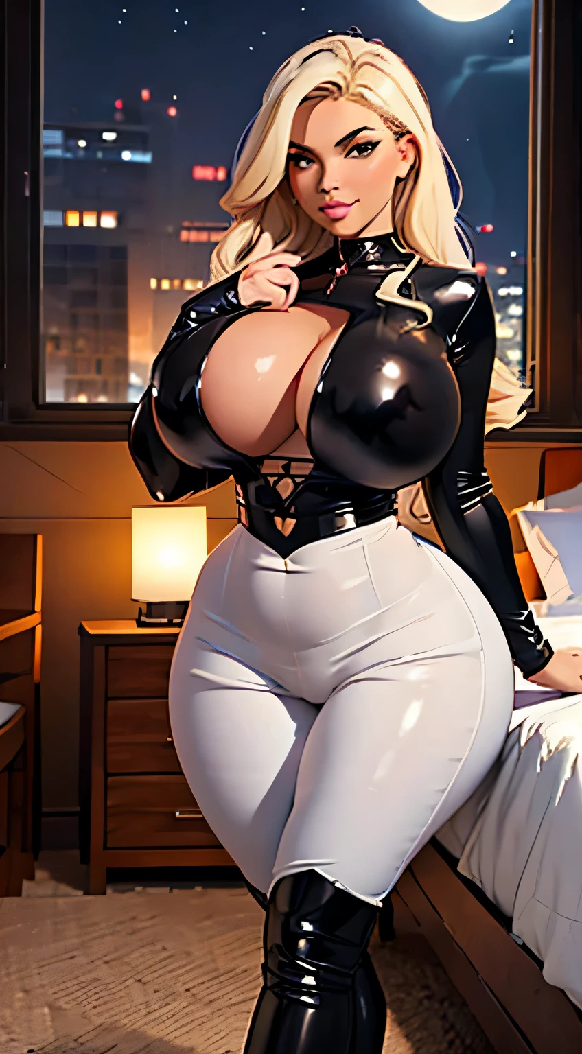 curvy girl, ur4ch4ndr, bedroom, illustration, masterpiece, big breasts, thicc bimbo, beautiful face, glossy black catsuit, blonde hair, seductive pose, thick thighs, large hips, looking at viewer, night time, dark lighting
