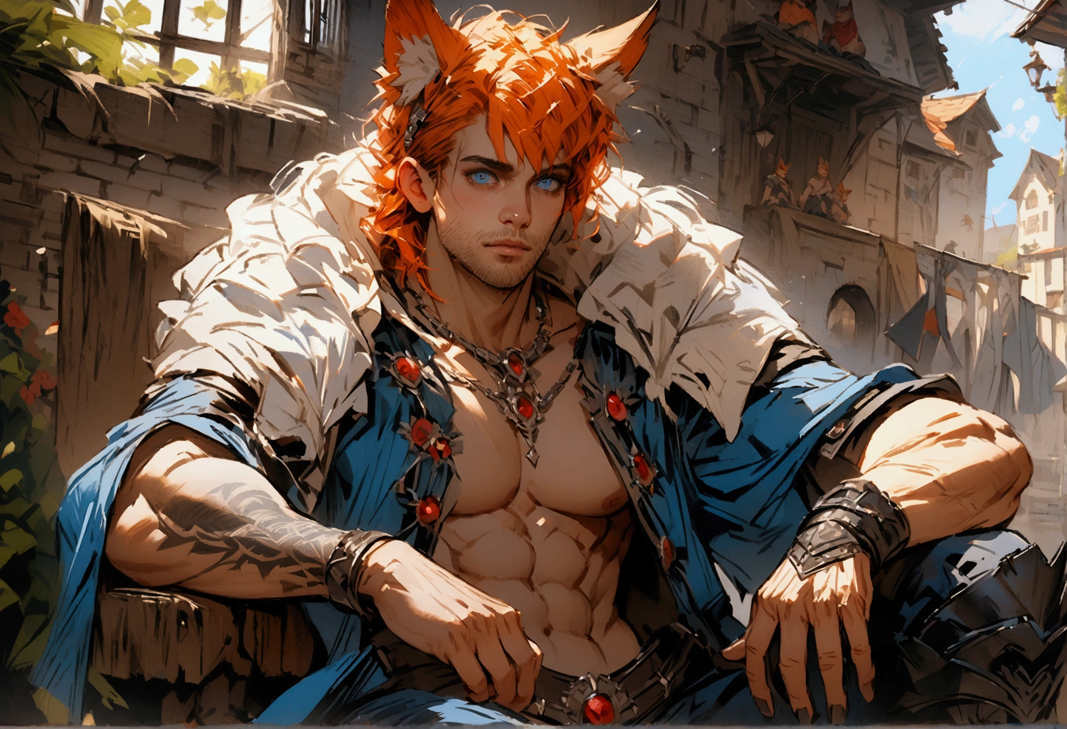 "official art", "Realistic Digital Painting with Concept Art Elements"," digital painting," "concept art," "realistic," , "detailed environment: , "high detail", "detailed face", "high-res", "ominous aura,", "8k resolution", "oil painting", "graded colors", "darker tone" , "little saturation" ,"professionally colored", "detailed features" , "detailed eyes", "full body", "apartment background" , "1man" , "scruffy raven color hair" , "orange wolf ears" , "orange wolf tail" , "sharp canines" , "attractive" , "muscular" , "shirtless" , "medieval times" , " sitting on stool" , "sexy" , "himbo" , "amputated right arm" , "holding beer" , "tattooed left arm" , "big man" , "large stature" , "imposing" , "blue eyes" , "black hair", "stubble on chin"