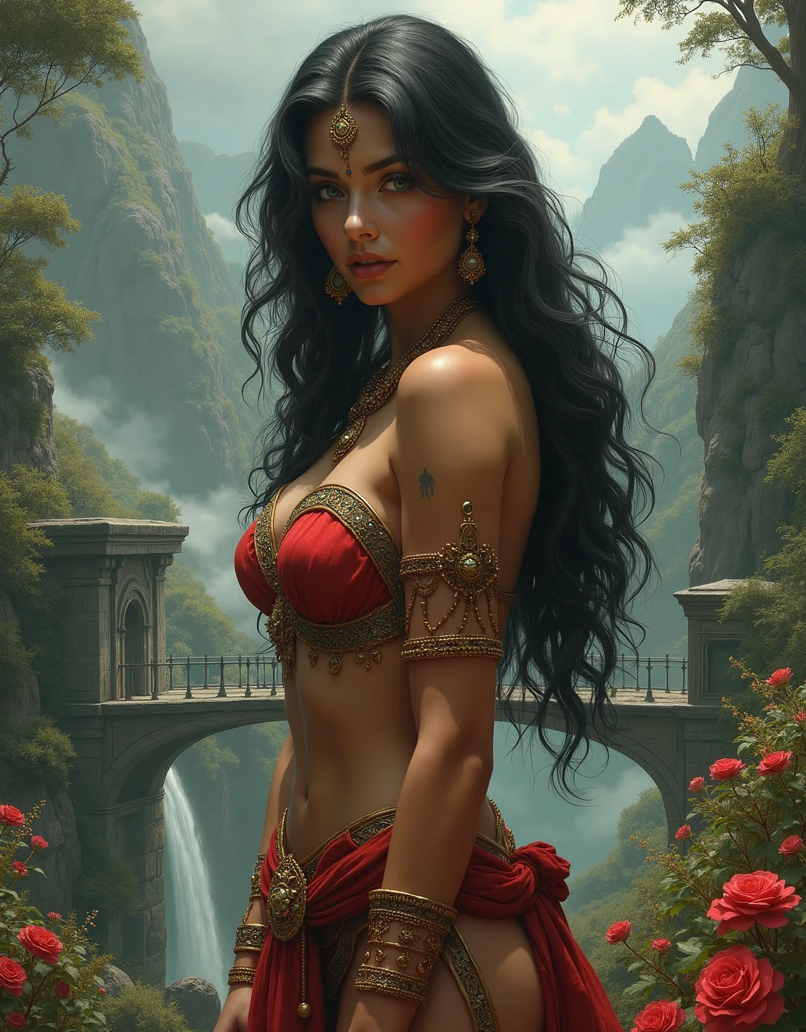 ((realistic:1.5)),((best quality)), ((masterpiece)),((detailed)), (1girl), {a beautiful female ((( Anne Hathaway:Selena Gomez:0.7))) wearing, (upper body:1.3),super-wide-angle lens,face focus, mature,,toned muscles,long legs,curvy, barefoot, , open cleavage, drooping , thick thighs,wide , thin legs, green eyes,long black hair,floting hair,long eyelashes, (detailed face,beautiful eye, detailed pupilss,detailed clothes features, clear background:1.3), (Bindi,Jhumkas:1.3), (Armlet, Haar, Payal,Maang Tikka,Jhumkas,Kamarband,Bangles:1.3), mysterious ancient ruin, lush forests, deep canyons,bridge,river,cliff,cloud, lakes,rock,waterfalls, flowers, grass, fog,vine,tree, smoke, best shadow,bright details,sharp,perfect composistion, Intricate, Sharp focus, dramatic, by Frank Frazetta,by Julie Bell,by Olivia De Berardinis,by Luis Royo,by boris vallejo, (specular lighting:1.3),rim light, princesses, royal skimpy , hugging and touching each other, teasing her friend's belly, teasing her friend's , blushing friend, biting her friend's ear lobe, hugging , touching her friend's  from below