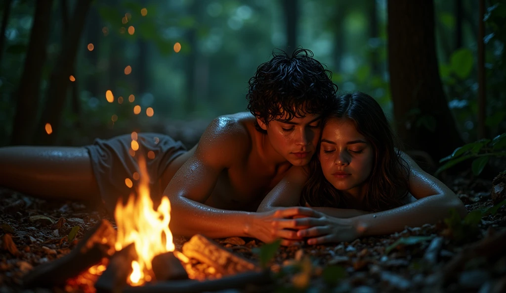 dramatic movie still, wide shot, setting is the amazon rainforest during heavy rain night. a pair of sibilings: Justin Russo, interpreted by David Henrie, and Alexandra 'Alex' Russo, interpreted by Selena Gomez, sleep together for protection. the siblings sleep together under an improvised makeshift burrow. there's heavy downpouring rain, it's a very cold night, it's a very damp wet night, dark night, grim night without moonlight, they are in the amazon rainforest. their bodies are glistening wet, their skin is wet, their hair is wet, their clothes are wet, a campfire is the only light source they have. the whole scene is only illuminated by the campfire. the fire casts flickering shadows on the leaves and tree trunks. the fire casts light on the sibling couple. the fire casts light on the glistening amazon rainforest foliage around them, Justin, short-haired, hugs Alex to his chest protectively, Alex, long-haired, glues herself to Justin's chest for comfort.