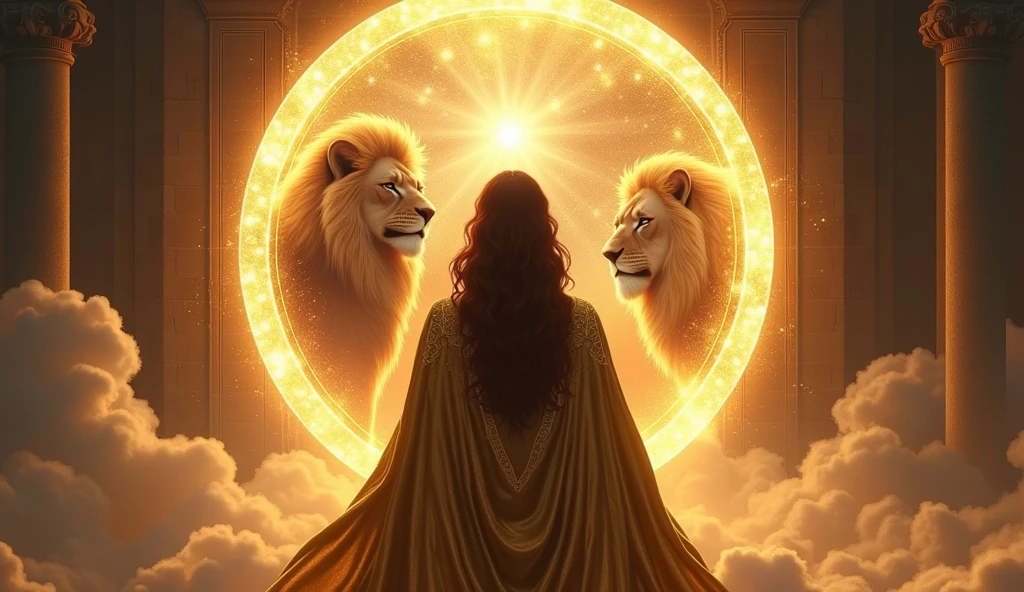 ultra realistic brown haired woman with GOLD priestess cape, facing a portal with a majestic lion and the goddess themis of justice, both in the center of the portal, convey depth