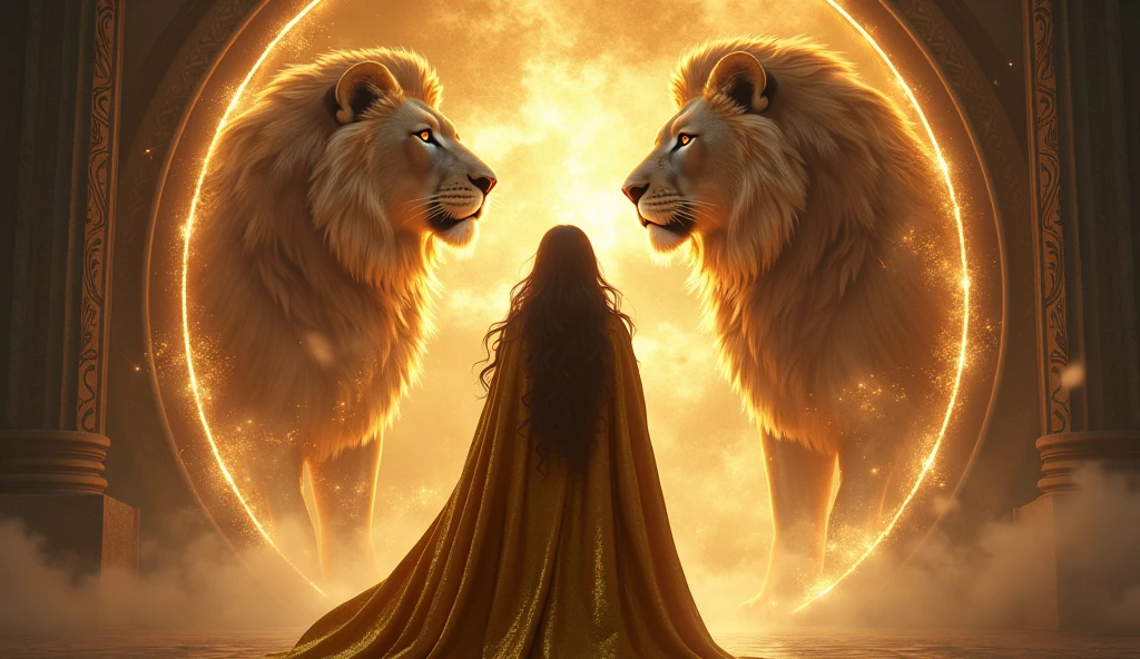 ultra realistic brown haired woman with GOLD priestess cape, facing a portal with a majestic lion and the goddess themis of justice, both in the center of the portal, convey depth