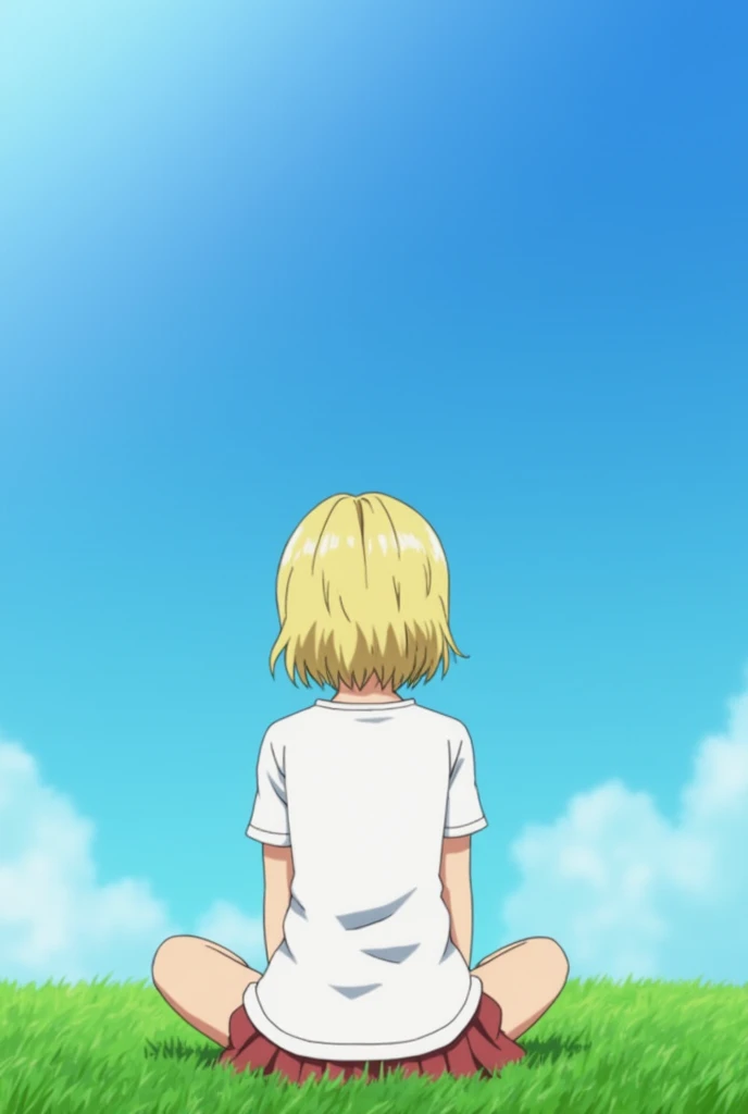 One Piece Screencap Short haired girl, gray eyes and wearing a white shirt. fund: forst. Pose: sitting on the grass watching the sky. Toei Studios Animation