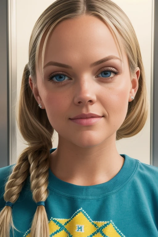 portrait of Alexis Texas,a gorgeous woman,in an (elevator),wearing a (crewneck:1.1),(pigtails),(soft-light:1.1),(8k, RAW photo, best quality, depth of field, ultra high res:1.1),(absurdres, intricate, photorealistic, masterpiece, ultra-detailed:1.2),