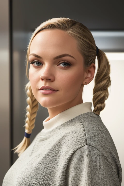 portrait of Alexis Texas,a gorgeous woman,in an (elevator),wearing a (crewneck:1.1),(pigtails),(soft-light:1.1),(8k, RAW photo, best quality, depth of field, ultra high res:1.1),(absurdres, intricate, photorealistic, masterpiece, ultra-detailed:1.2),