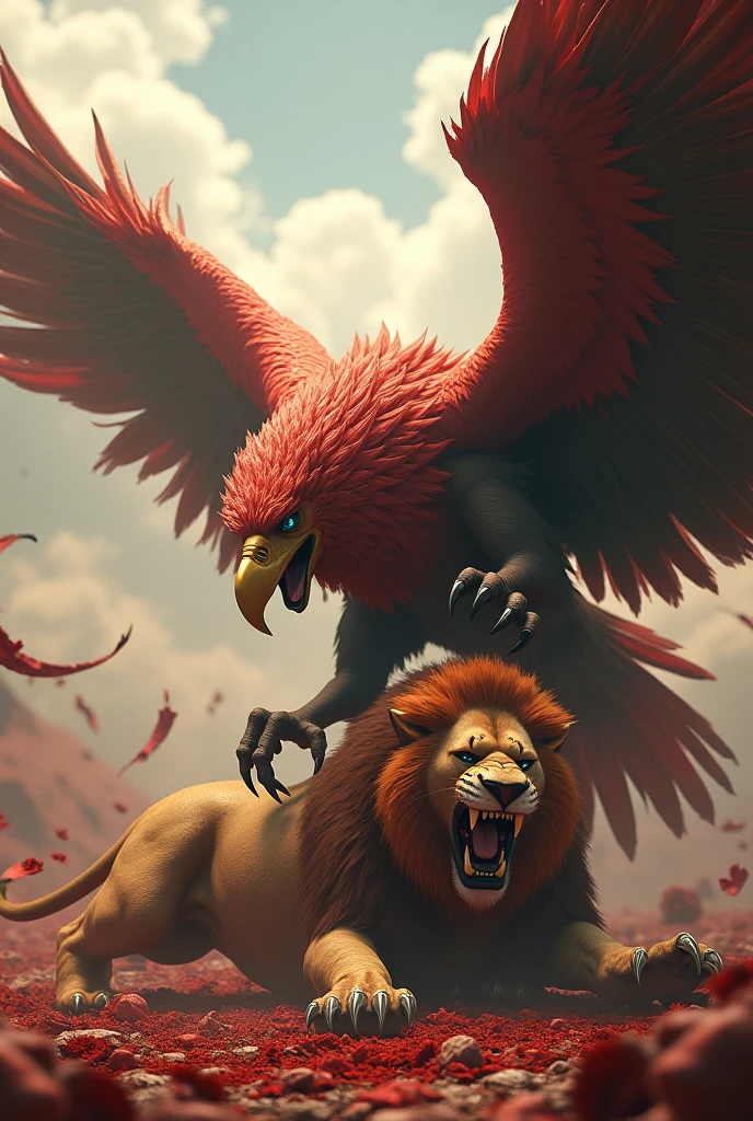 Image of a Garuda bird tearing a lion to pieces until it dies lying on the ground, 3d animation