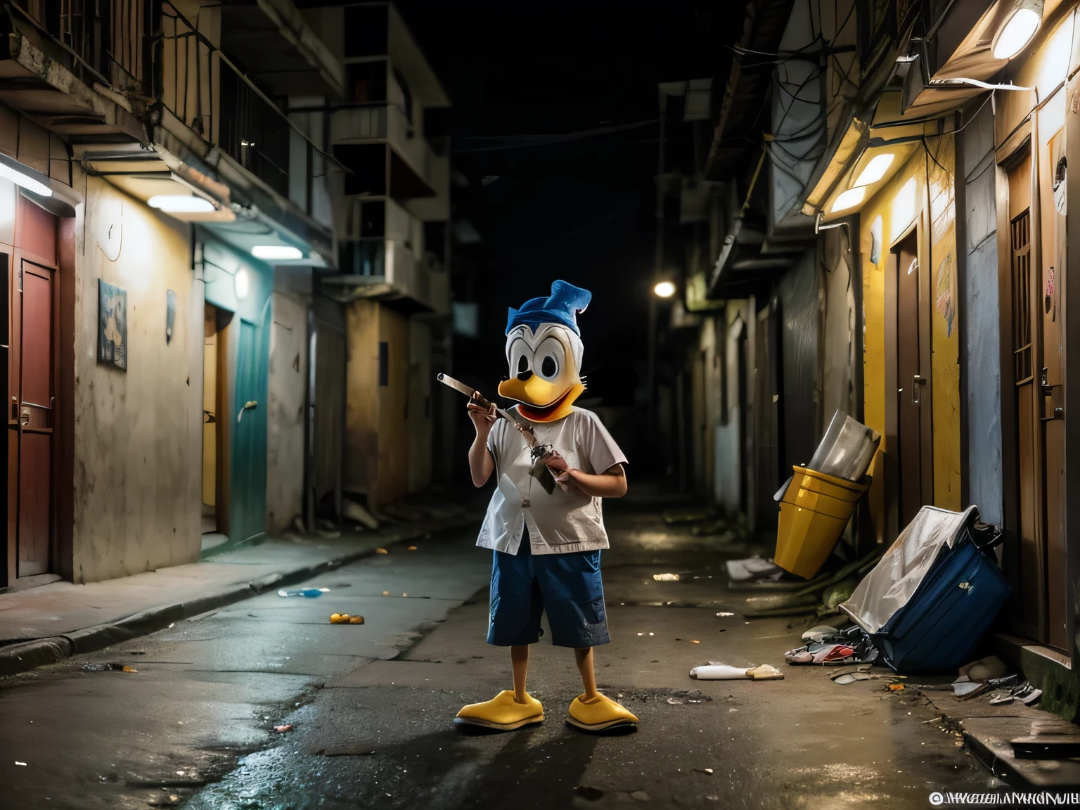 Create an image of Donald Duck dressed as a homeless smoking a cigarro, smoking in a brazilian favela at night. chaotic, dangerous night