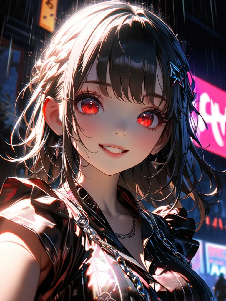 1 girl, chromatic aberration, Written boundary depth, Soft Light, masterpiece, Highest quality, complicated, Tone Mapping, A place where fireworks are set off at festivals. Concept Art, Smooth, Clear focus, Dramatic lighting, Very cinematic, super practical painting, アートステーション's trending, 8k, Incredible Shadows, practical, whole body, View, Viewers, Portrait of a Girl 1, standing on street corner, Heavy rain and lightning、Dark Sky, neon and cyber punk background, she is dressed in punk clothing with silver chains and silver spikes, Her hair was dyed a bright black color..........Ominous aura of light, smile, punk, ciber punk, Backlight.Fashionable clothes、Friendly dress code:Red yukata.My breasts are a little big.Beautiful red eyes