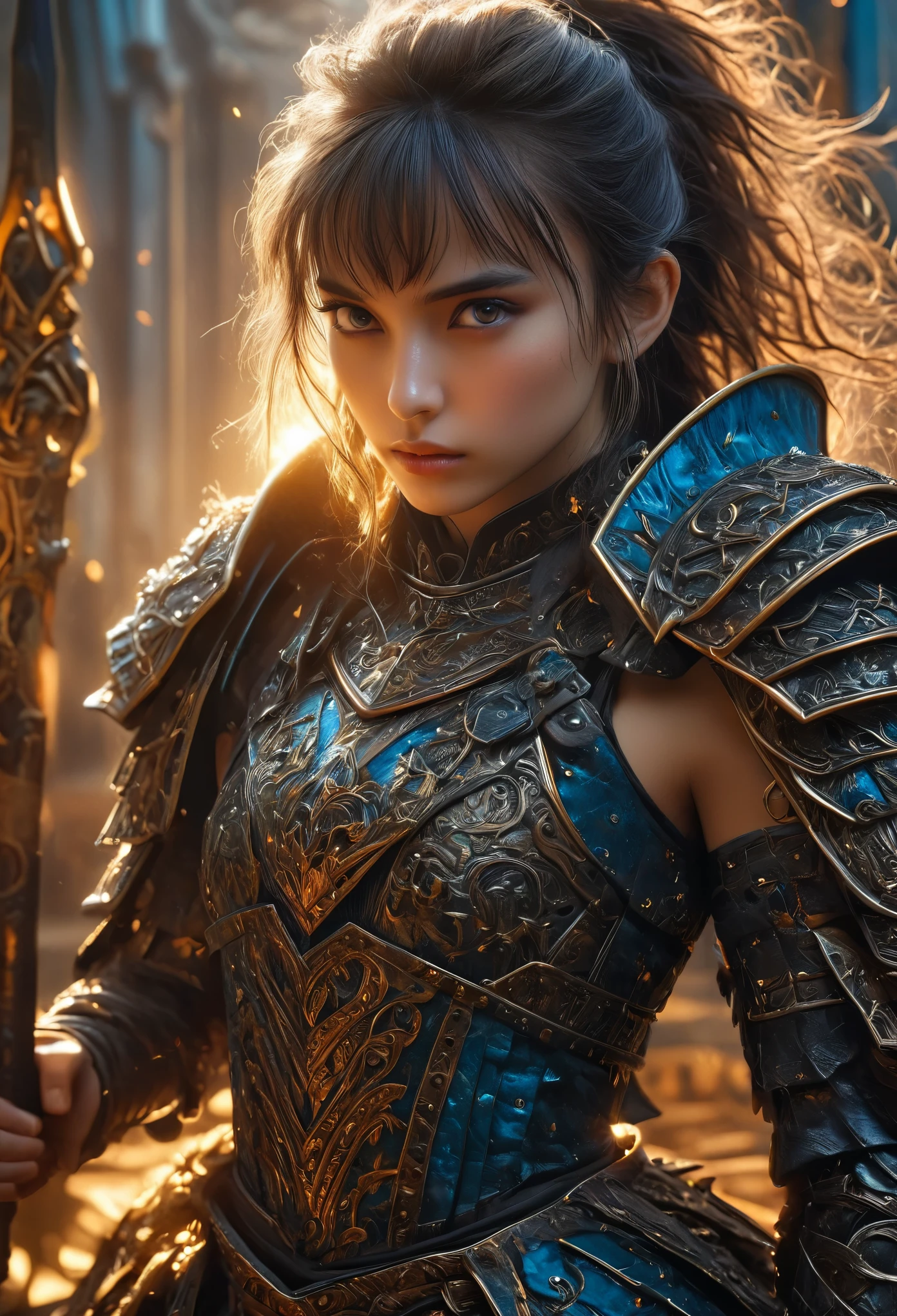 (Highest quality),(realistic,photorealistic,photo-realistic:1.37), ultra-detailed,(best quality,4k, 8k, highres, masterpiece:1.2),beautiful detailed eyes, beautiful detailed lips, extremely detailed eyes and face,longeyelashes,1girl, exotic noble warrior, detailed Gothic palace background, ornate armor, holding a halberd, (surrounded by a monstrous army:1.2), dramatic cinematic lighting, vibrant colors, epic fantasy scene, toned thighs, toned abs, whole body, (muscular:1.2), (Yaiba:0.8), blunt bangs,