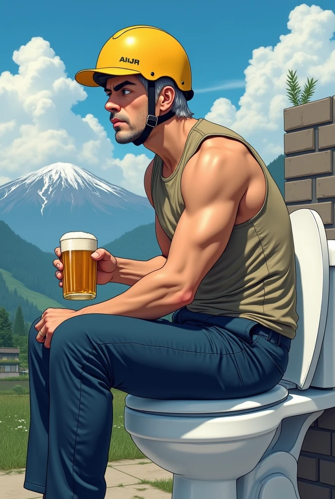 Fantastic realistic illustrations。
Sitting on the toilet、He is trying to defecate by sticking his butt out.。A cool Japanese man wearing a yellow helmet。Thick eyebrows。His face looks like a beautiful woman's。Silver hair that reaches down to the shoulders。The arm muscles are amazing。Wearing a khaki vest。Wearing navy blue trousers。He is about to drink beer from the mug he is holding in one hand。
Behind it is a magnificent mountain range.。Fantastic blue sky。