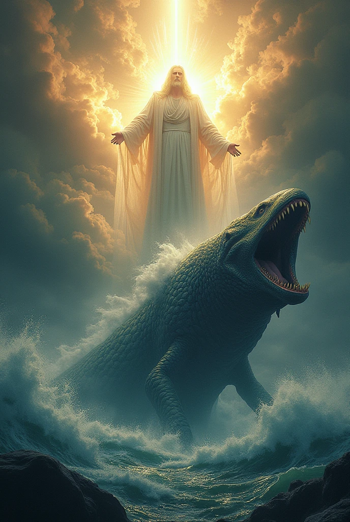 An impressive scene where God, represented as a majestic figure enveloped in divine light, face the Leviathan, a colossal sea creature. Leviathan has shiny scales, with an intimidating appearance, displaying sharp claws and teeth, as it emerges furiously from the turbulent waters. The waves around are choppy, with rays of divine light cutting through the stormy sky. God is at the center of the image, hovering above the sea, with an expression of absolute power and control. The atmosphere is one of reverence and power, with the struggle between divinity and creature symbolizing divine supremacy over the forces of nature.