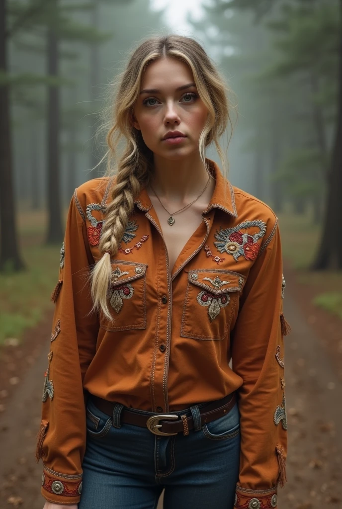 full-length selfie,(top view: 1.4), taken by 30-year-old blonde, an American female country music singer outside, exterior misty foggy pine forest:1.1, off a dirt trail, (misty:1.2 woods), ((she is dressed in tight thirst trap leggings, a fringed retro snap western embroidered long sleeve cowboy collared shirt with rodeo flourishes pattern:1.4)), (vulva shape:0.4),her leggings are tucked into her (luxury exotic cowboy boots:0.5),(high end boots:0.6), comfortable, romantic, ((her tidy blonde hair, braided, twisted and over her ears short hair:0.9)), her hands relaxed, by side, every picture detail captured with the highest quality Leica camera, camera captures every detail and deepens the shadows, she's blowing kisses, arms open welcoming, dimples, scrunched up nose, stunning female, colorful, lovely woman,American, a relaxed moment, realistic photo, (49% of photo is black in drawing:1.4), (detailed fabrics:1.2), (soft warm light:1.7) ,(relaxed intimate photoshoot), cozy relaxed, catching us, beautiful hands, gorgeous soft warm lighting:1.4, ((high contrast)), (deep, darkest shadows), (shadow details:1.3), ((taken using Leica camera, aperture: f/2)) , hyper-realistic skin, pores, scar, mole, relaxed moment, natural light glow, (romantic light:1.2), radiant dark skin, perfect relaxed hands, perfect fingers, a work of art, beautiful composition, golden ratio, contrast, inspiring, (highest quality fabric texture), every detail,Fine facial features – (Highest Quality) ,Leica camera film, High quality ○○ detailed – ○○ details ultra detailed(Ultra-fine ), Photorealistic