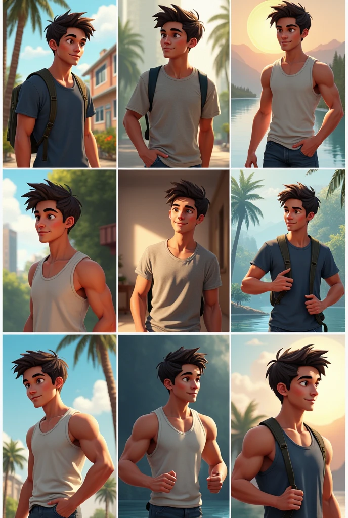 Imagine a 20-year-old white-skinned man, with dark brown hair and light brown eyes , doing different things