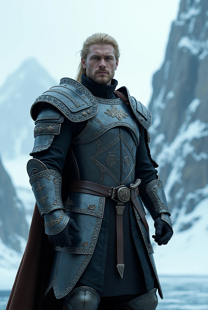 Blond man in game of thrones armor on ice 