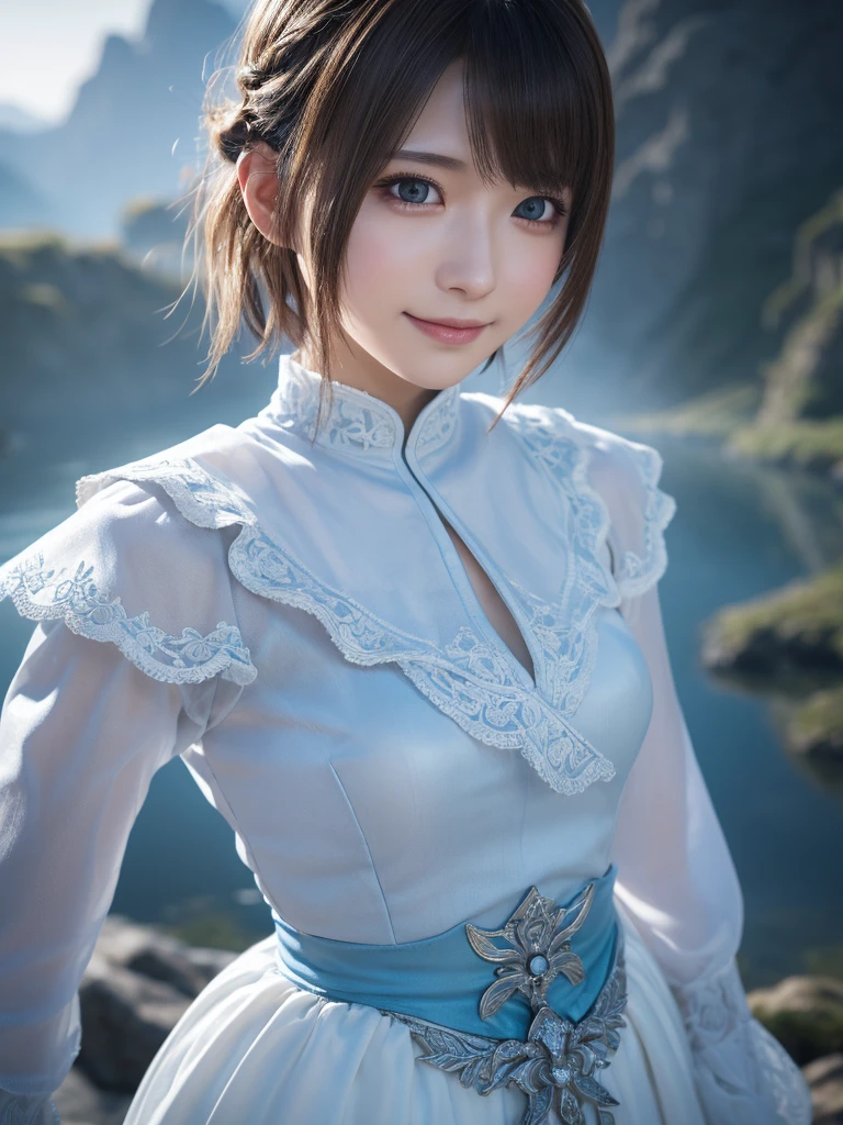 head shot,beautiful detailed eyes, droppy eyes,beautiful detailed lips, extremely detailed eyes and face, long eyelashes, 1japanese girl, fantasy character, (Final Fantasy, yuuna:1.25),smile,short hair,elegant white dress,break, blue long skirt,break,magical girl, highly detailed, fantasy landscape, dramatic lighting, glowing effects, mist, intricate details, volumetric lighting, cinematic composition, hyper realistic, 8k, best quality, masterpiece, photorealistic,Highres fix