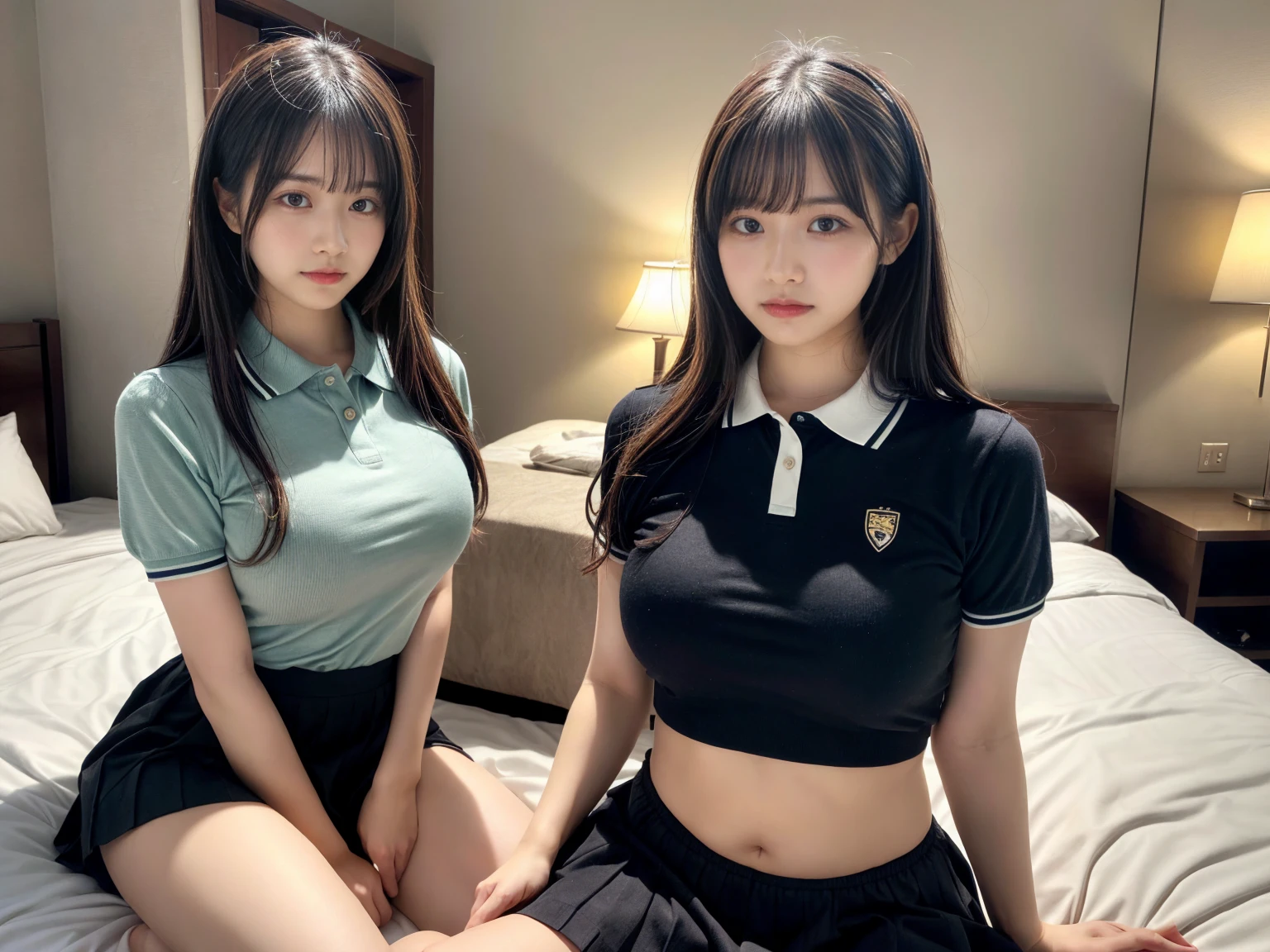 masterpiece, best quality, illustration, Super detailed, fine details, High resolution, 8K,wall paper, perfect dynamic composition,(Details High quality, realistic depiction of eyes:1.3), (2 girls), (Fashionable, with soft pastel colors, black skirt, pernas nu, camisa polo preta, uniform soccer, ambiente urbano), straight hair, large breasts, black hair color, Big Natural Color Lip, (perfect body shape), crying a little、Harajuku style、20 year old girl、cute type、lolita、beautiful legs, hotel room, Gravure Idol
