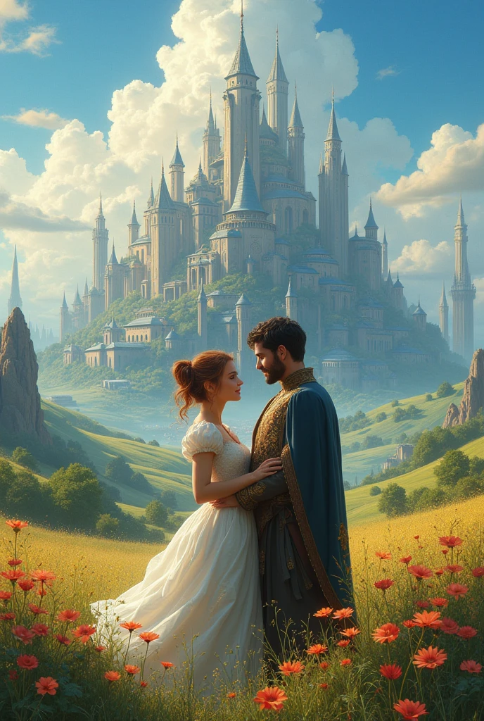 A cover for a fantasy romance novel with the title “Beneath the Kingdom’s Shadow”: In a utopian sci-fi fantasy world, a farmer’s daughter named Tristin, aged 25, chestnut hair, unassuming beauty, and Prince Kendrick who is 35 with short dark hair and a hint of facial hair