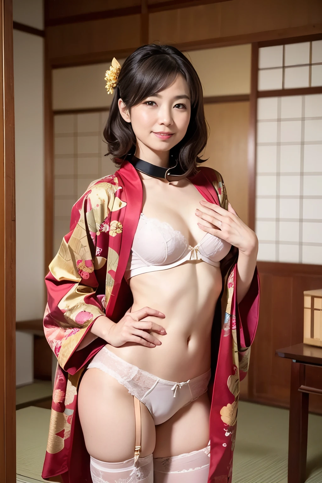 Japanese New Year events、(facing back:1.5)、 (high-level image quality、hightquality、High resolution real image、detaileds、masterpiece、Professional Photography)、(There is a cute girl)、Smile at the camera、(A pure Japanese hairstyle with a beautiful hairpin)、(Light brown hair)、(being thin:1.3)、(Small:1.3)、(Bra and thong with large kimono-style decorations:1.2)、She wears a collar, bangles, and a kimono-style garter belt.、(He holds a large golden dragon in both hands.)、The pose is so cute and nice、(Pure Japanese room in a big old house)