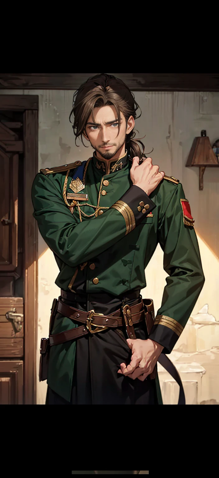 male、good looking、masterpiece、knight、soldier、Emerald green、Light brown hair、Wavy Hair、Hair up to the neck、Not too long hair、Cool look、A balanced body、アニメ調、アニメ、40 years old、Thin beard、mature、Staying calm、Astringent、Thin beard、Before male、Male-like、Image above the chest、Highest quality、Character Design、Not young、Western film、A little smile、Western film style、Western film-style clothing、Black military uniform、soldier、Europe、antique、uncle、Old man、Middle-aged male、Medium Hair、Medium Bob、Astringent atmosphere、Lowered hair、Sadness、High resolution,