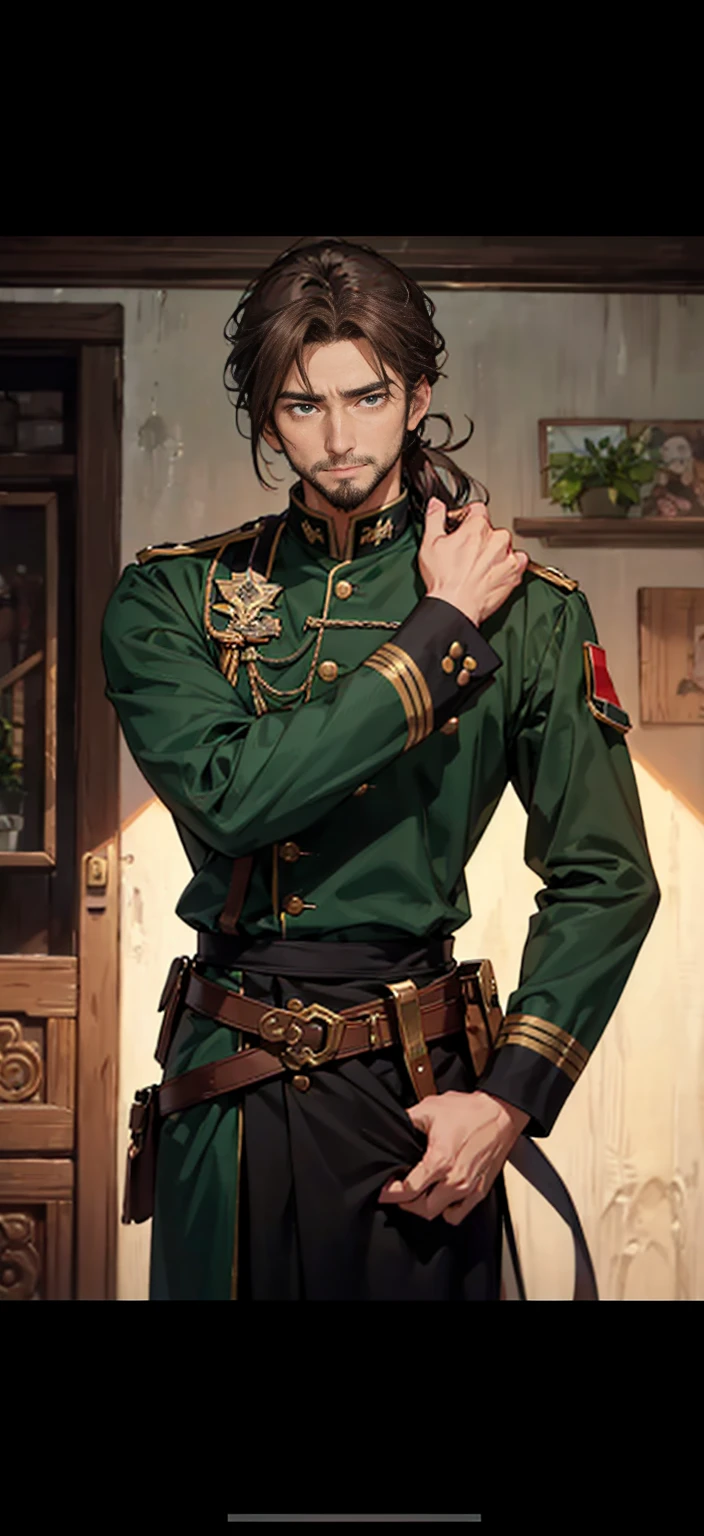 male、good looking、masterpiece、knight、soldier、Emerald green、Light brown hair、Wavy Hair、Hair up to the neck、Not too long hair、Cool look、A balanced body、アニメ調、アニメ、40 years old、Thin beard、mature、Staying calm、Astringent、Thin beard、Before male、Male-like、Image above the chest、Highest quality、Character Design、Not young、Western film、A little smile、Western film style、Western film-style clothing、Black military uniform、soldier、Europe、antique、uncle、Old man、Middle-aged male、Medium Hair、Medium Bob、Astringent atmosphere、Lowered hair、Sadness、High resolution,