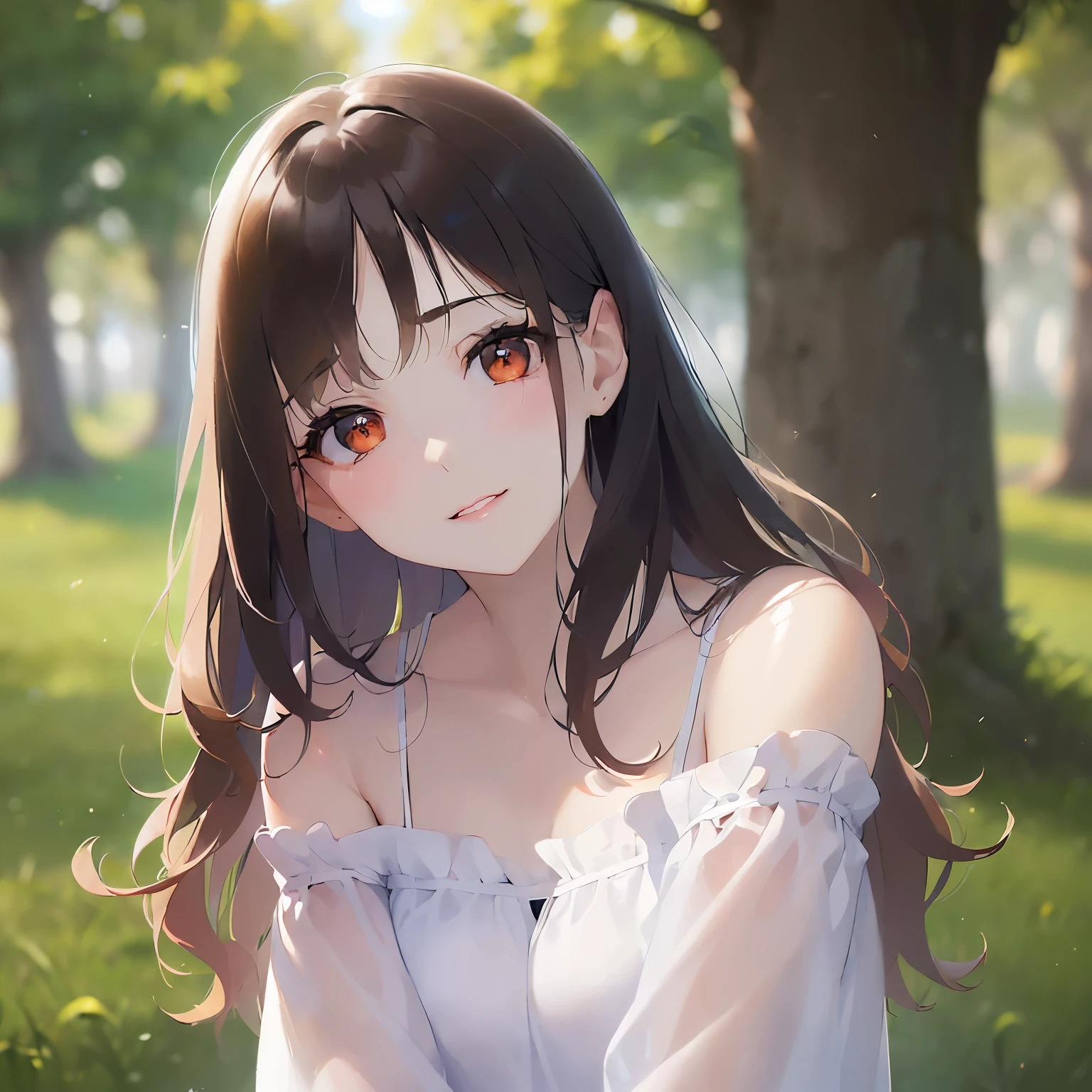 (looking at viewer:1.5)Upper Body, head tilt,
Realistic, real person, (pale skin: 1.2), RAW photo, photorealistic, shiny skin, shiny hair、
(A 25-year-old woman with medium-length hair and bangs) and (wavy hair) and (brown hair) and (orange eyes),
(white) and (off shoulder blouse),
(tearful:1.2),smile,park,grass、blue sky、(alone:1.5)