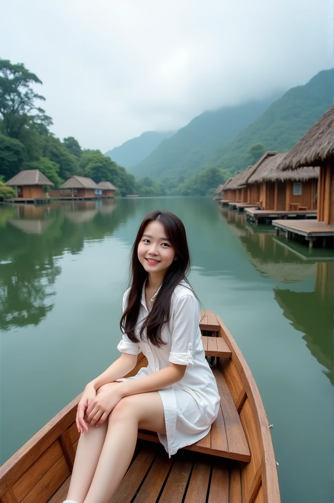 Wide portrait of a Korean woman with long hair, wearing a shirt dress, sneakers, sitting on a wooden boat in the middle of a calm lake. in the distance there are several small wooden huts with thatched roofs, the walls and floors are made of unique triangular shaped teak planks and there are teak plank stairs with a plank platform and a traditional feel with verandas reflected in the calm water, surrounded by lush greenery and tall trees towering under a cloudy sky, this place is known as "Dusun Bambu Lembang" Bandung Indonesia. The atmosphere is calm and beautiful, smiling at the camera