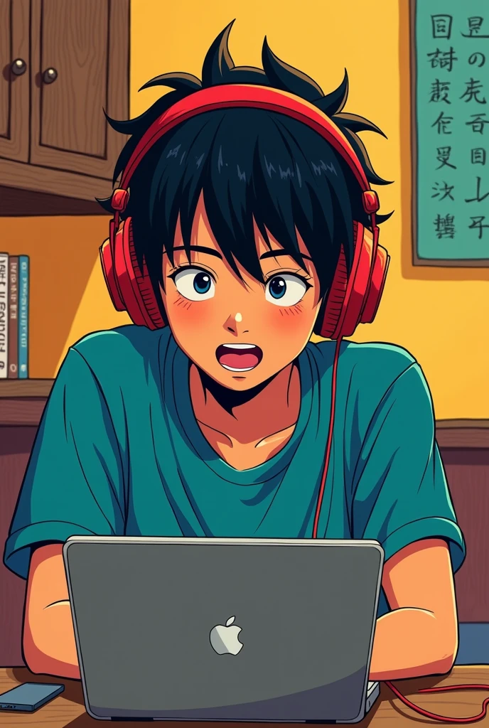 a young man with headphones cheering , looking at a laptop, very concentrated, no estilo de quarto player, animated color photos, Masami Teraoka, player, Paulo Gauguin, Embry Style, honest portrait,