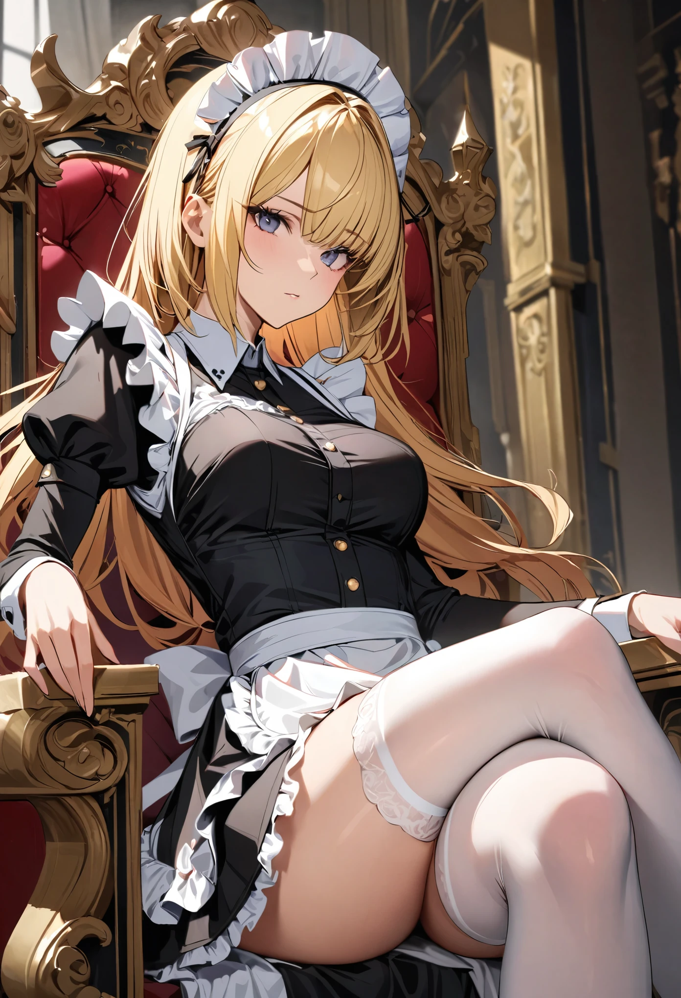  (mastepiece:1.2), detailed fingers, beautiful woman, intricate details, maid headdress, blonde hair, Bob with a Falling Front, Maid Apron, Sitting on the throne, Cross her legs and lean back, Knee-high stockings