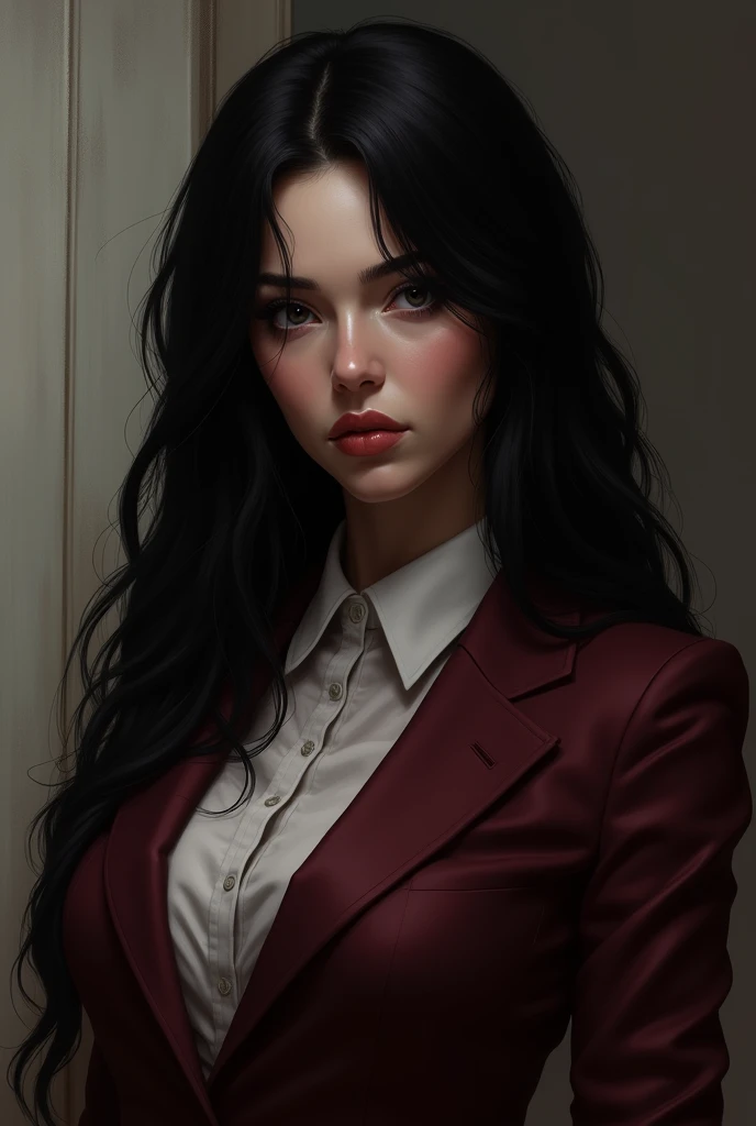 A white woman with black hair, long, straight and wavy at the tip, has black eyes and a slightly tired look. She is wearing a burgundy suit and discreetly holds a gun.. Your suit is not sexy.