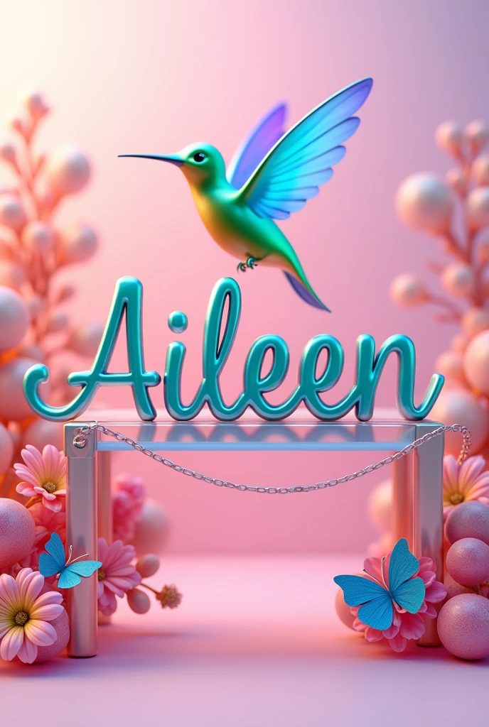 A captivating 3D illustration featuring the mesmerizing name "AILEEN " in a whimsical, rainbow-colored cursive font. The vibrant colors, range from pink to blue, green, and yellow. A captivating iridescent hummingbird, in shades of blue, green, and yellow, adds an enchanting touch to the composition. The artwork is set against a soft gradient background transitioning from light pink at the top to a deeper shade at the bottom. This captivating piece, perfect for a poster or typography design, seamlessly blends elements of architecture and 3D render formats to create a truly immersive visual experience., illustration, typography, cinematic, photo, 3d render, architecture, vibrant, poster, fashionLess 3d glass table,with text name "Aries",3d rainbow glass gold,with beautiful flower and butterfly s with 3d rainbow glass gold effect extremely,vol.2.typography,architecture,product,3d render3d glass table,with text name "Aries",3d rainbow glass gold,with beautiful flower and butterfly s with 3d rainbow glass gold effect extremely,vol.2.typography,architecture,product,3d render