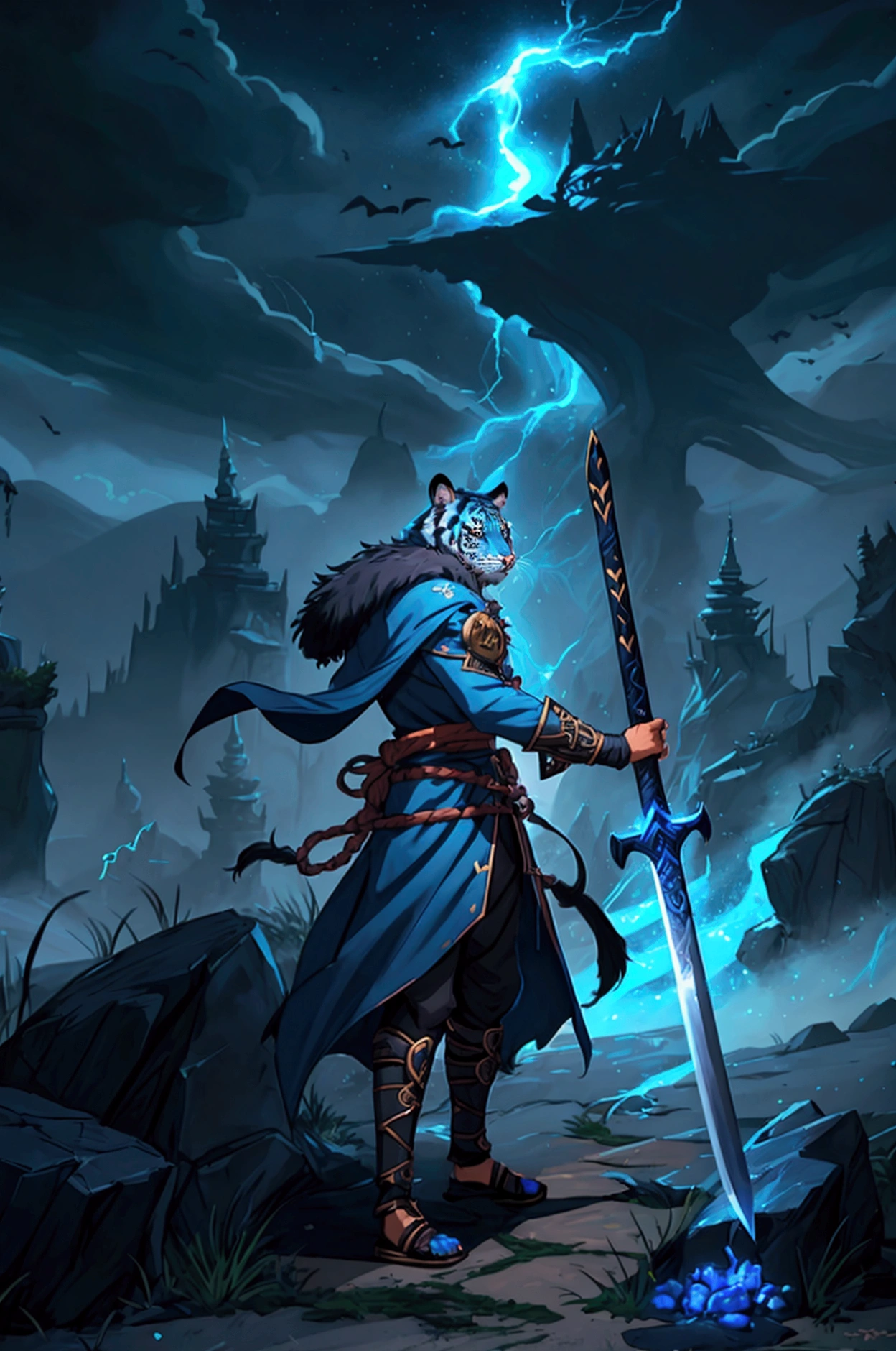 tiger man, tabaxi dnd, dark blue fur, swordsman, runic clothes, blue clothes, storm background, digital art, dnd character art style, fantasy, dark fantasy, detailed --v 6.0 --stylize 1000 --ar 3:5