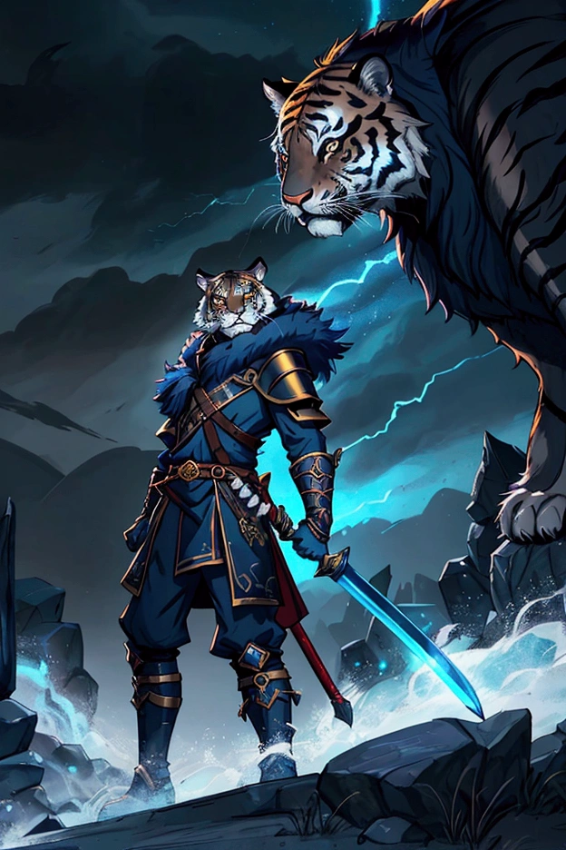 tiger man, tabaxi dnd, dark blue fur, swordsman, runic clothes, blue clothes, storm background, digital art, dnd character art style, fantasy, dark fantasy, detailed --v 6.0 --stylize 1000 --ar 3:5