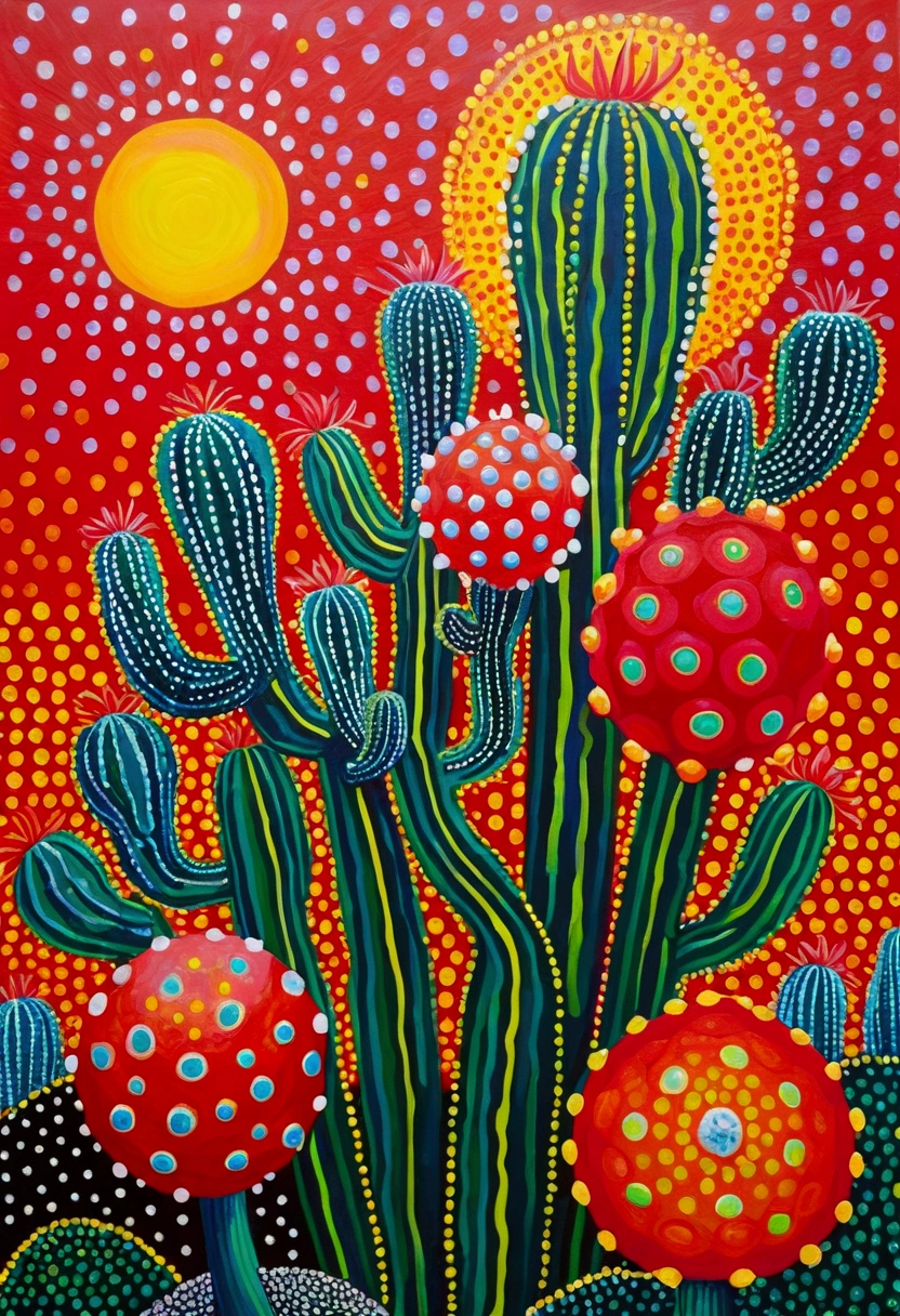 Yayoi Kusama style,An abstract painting,Coronavirus Plant,Pop Art,Dense dots author:Annabel Kidston, Saturated pointillism, cactus, inspired by Yayoi Kusama, inspired by Yayoi Kusama, inspired by:Annabel Kidston, By Pasitha Abad