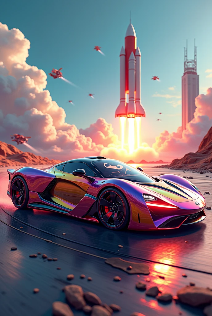 A colorful car with effect and rocket in the background
